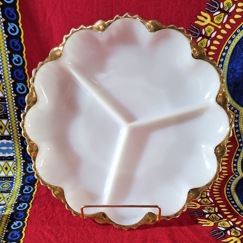VTG Anchor Hocking Fire King Milk Glass 3 Section Divided Tray with Gold Trim